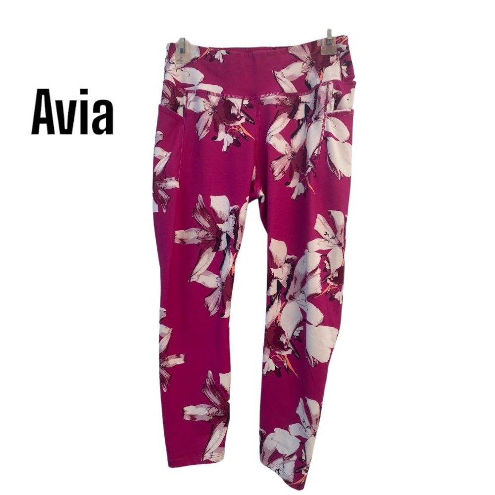 Avia Yoga Capri Pants Pink & white Stretch Tropical Floral Pattern